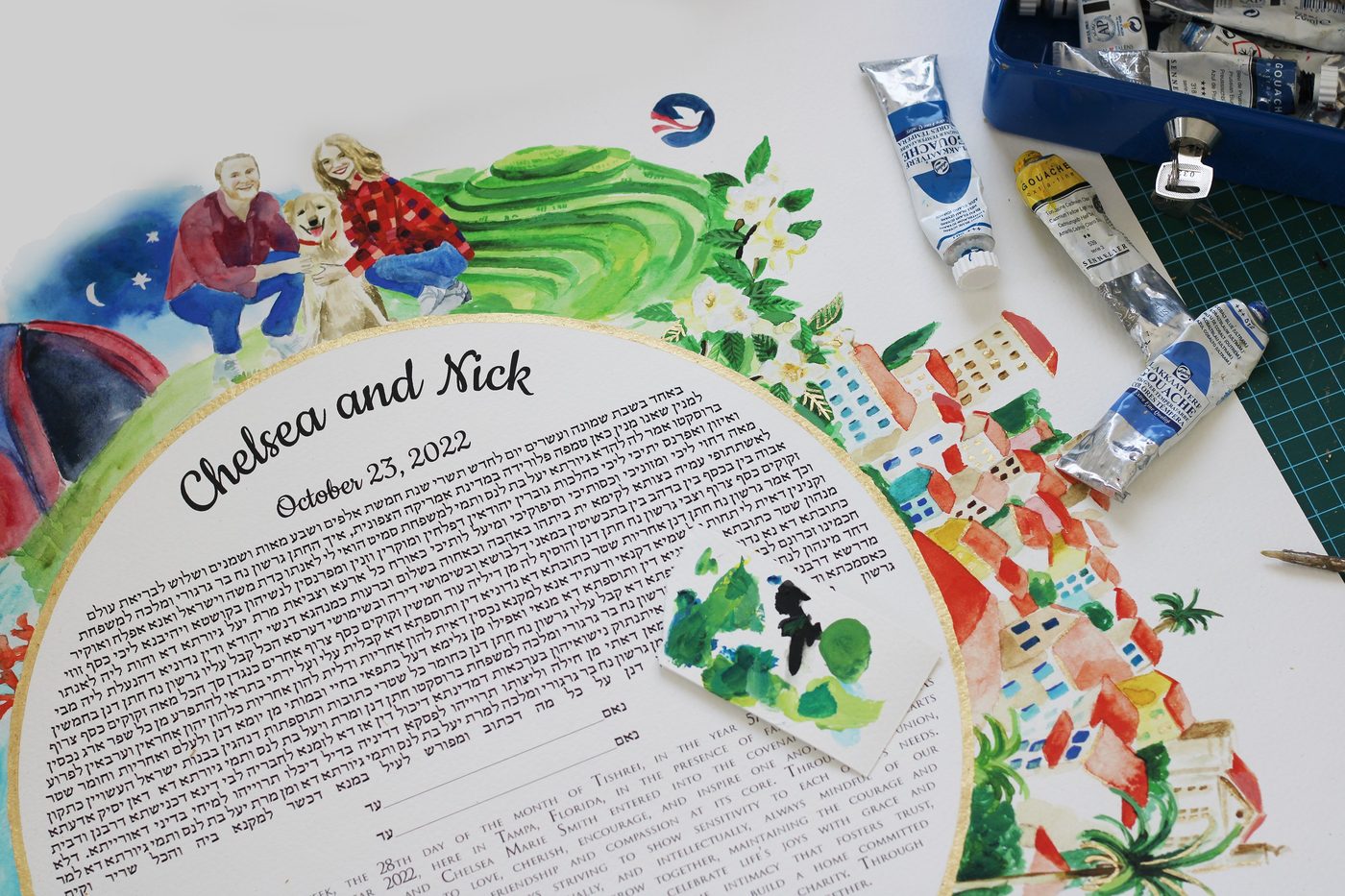 In-progress ketubah on the desk
