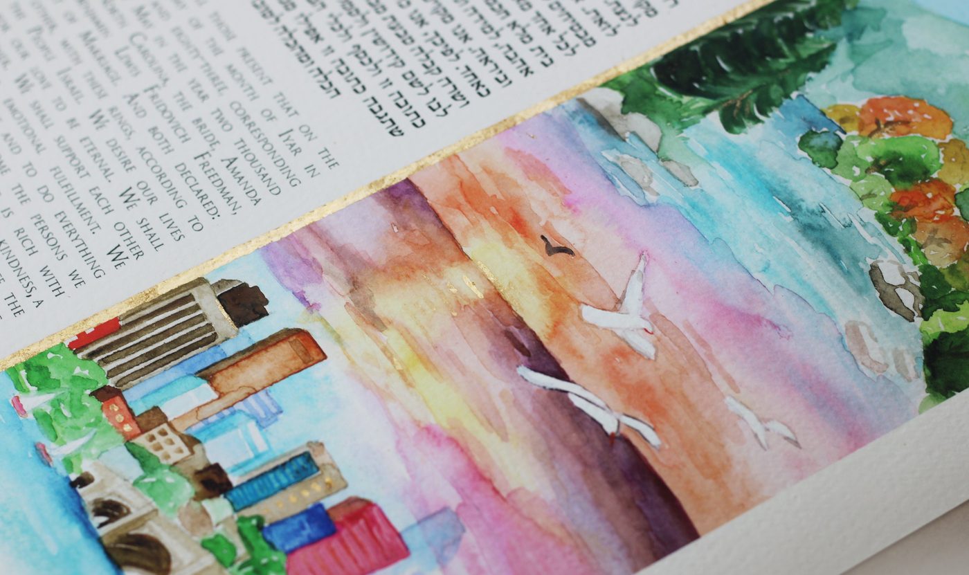 Watercolor sunset with birds
