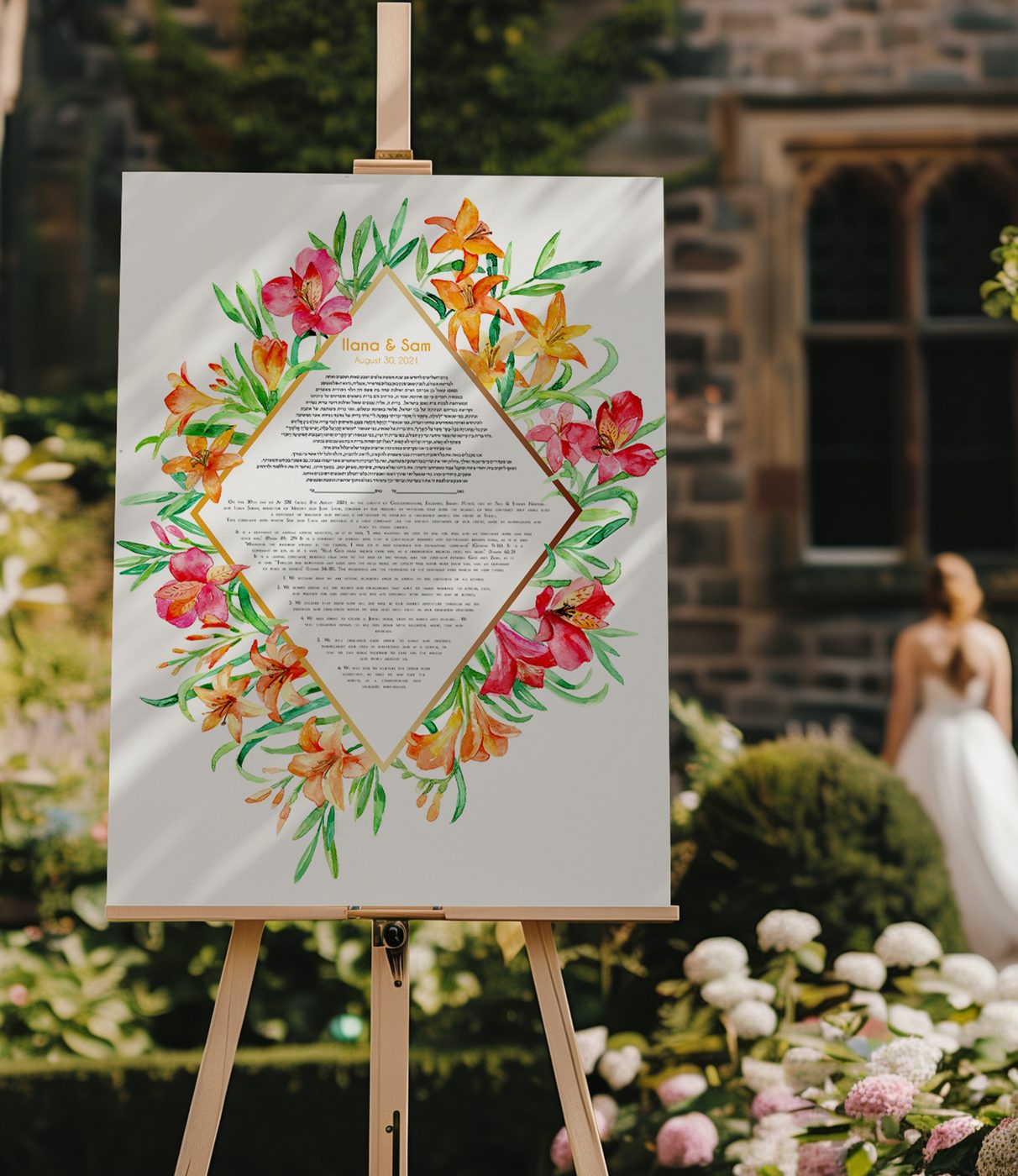 Floral watercolor ketubah on the easel